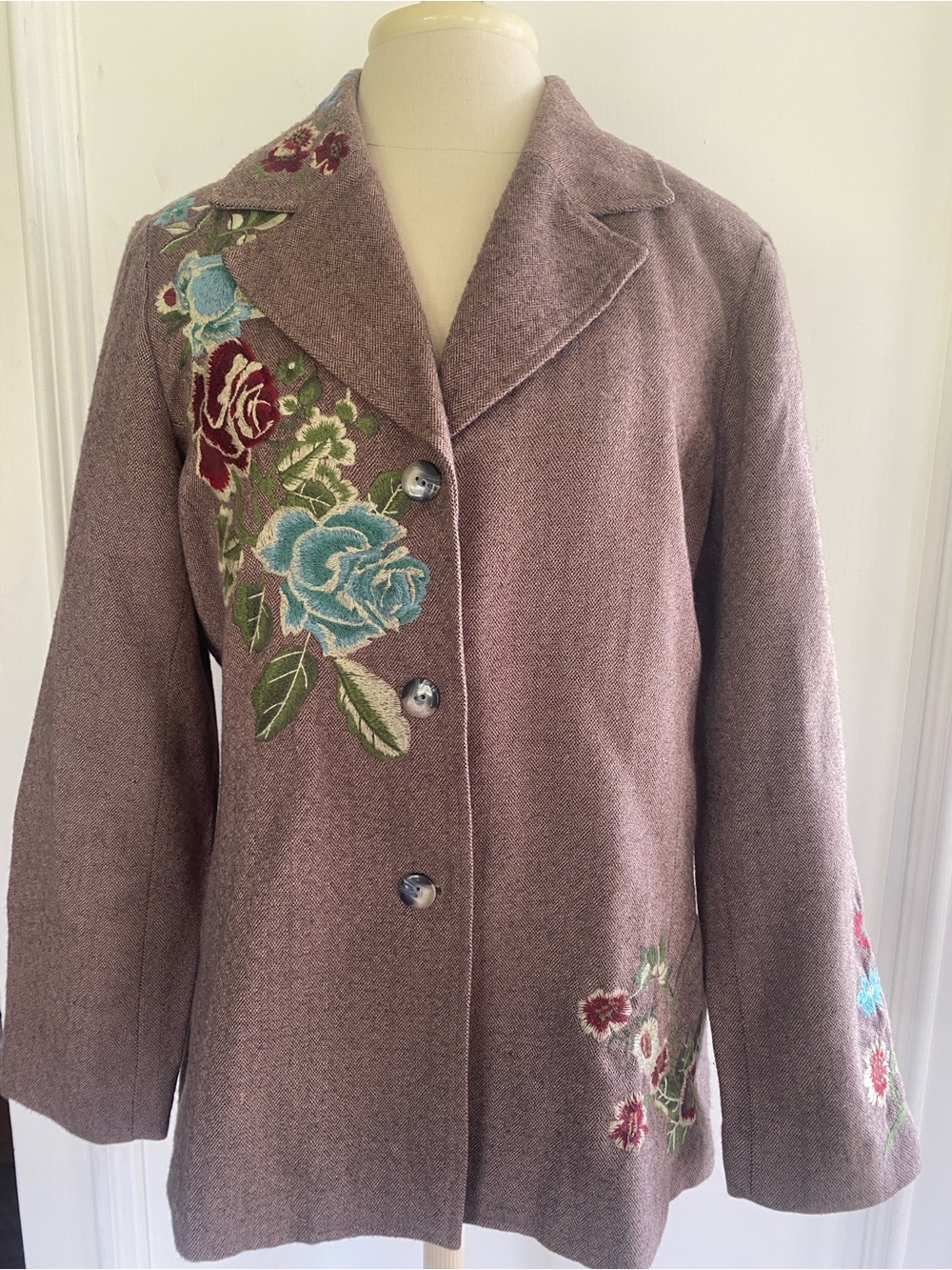 Coldwater Creek Tweed Embroidered Coat with Floral Embroidery